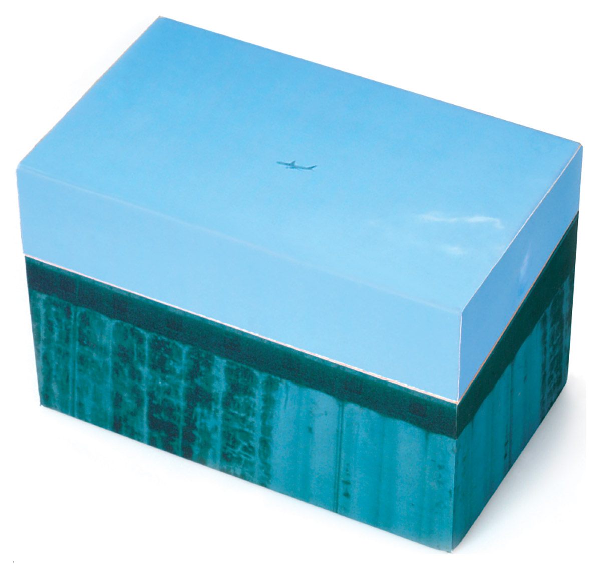A white background with a box depicting an airplane in a clear sky.
