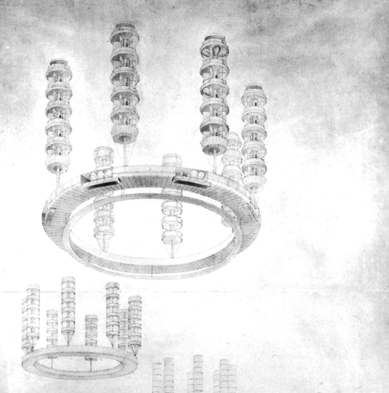 Drawing from 1928 of skyscrapers on floating rings by Georgy Krutikov, entitled Flying City.