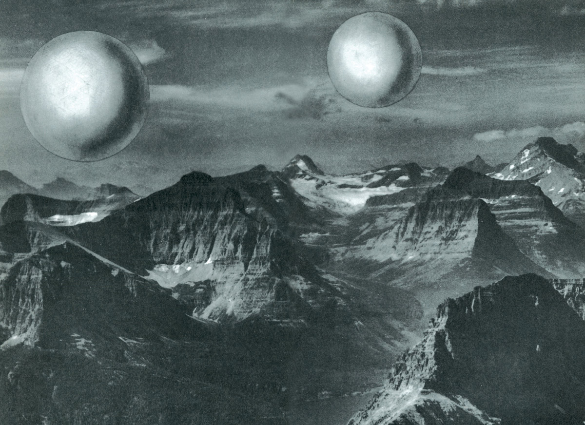 Illustration from 1962 by Buckminster Fuller of orbs floating over mountains, entitled Cloud Structures.