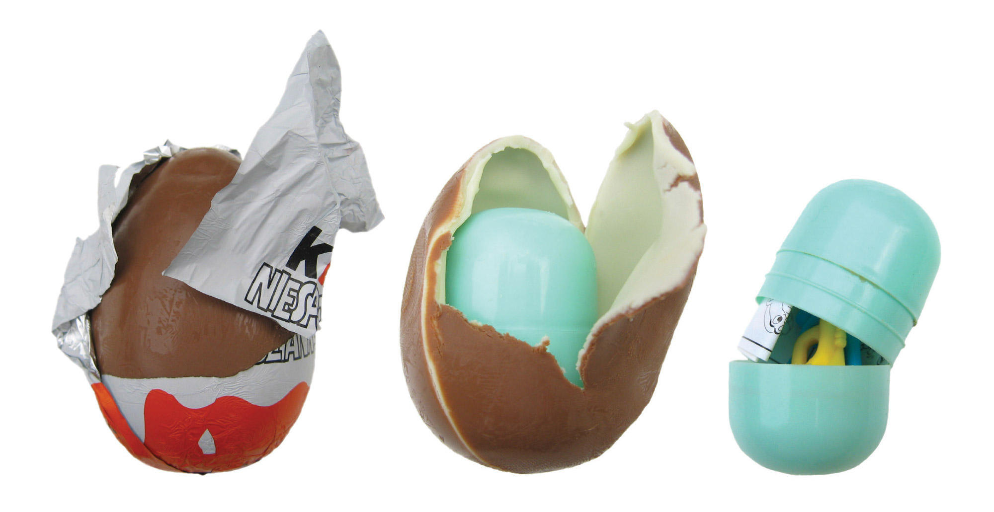 A photograph of a Kinder egg in various stages of being unwrapped.