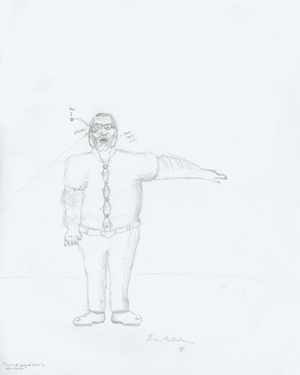 1991 drawing by Brian McMullen of Mr. Hawkins getting hit in the face with a pea, entitled Hawkins gunned down by pea shooter.