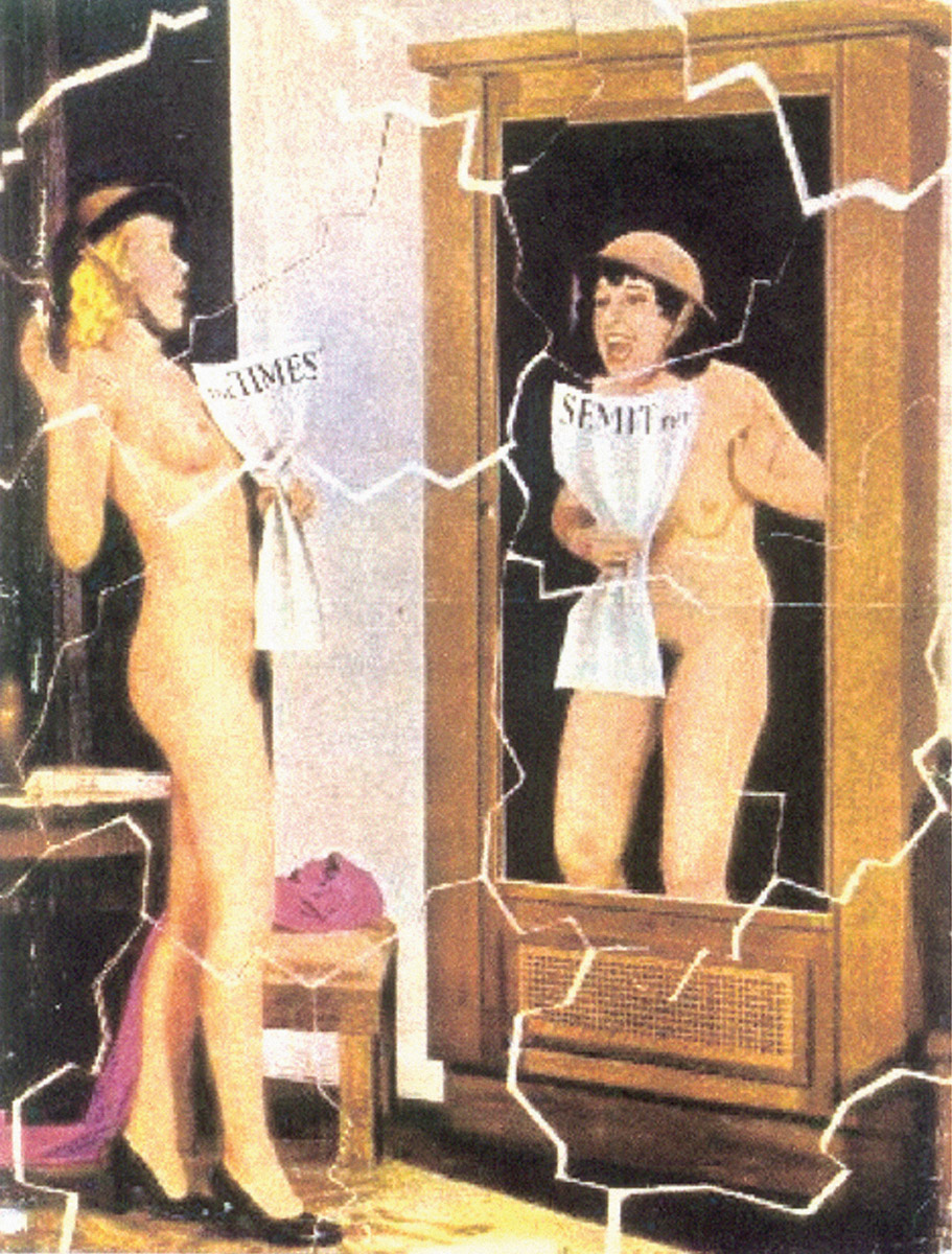 World War II German leaflet depicting a blonde German woman looking in the mirror and being horrified to see a Jewish woman.