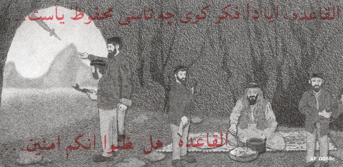Post-9/11 US propaganda leaflets dropped over Afghanistan, depicting Bin Laden in a cave.