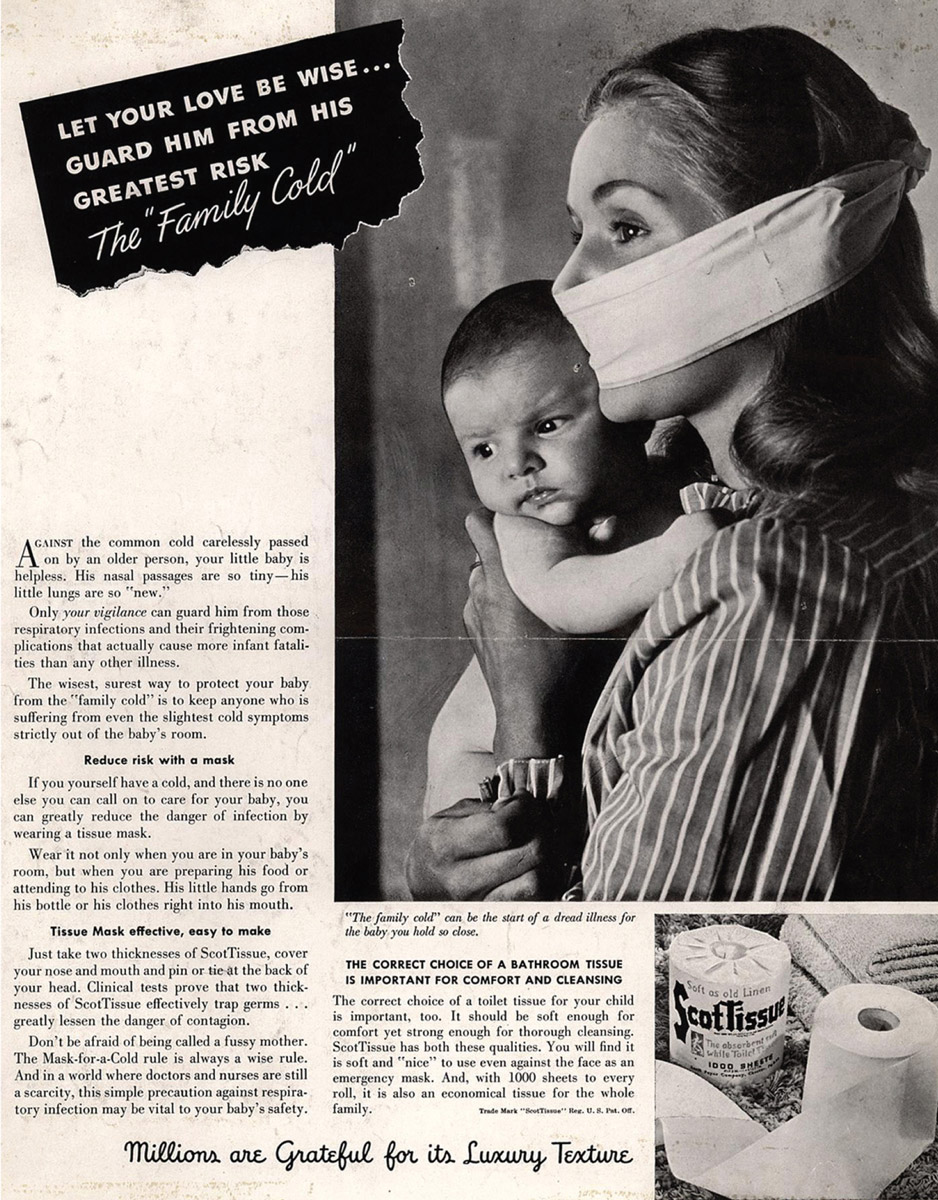 ScotTissue advertisement from 1945 depicting a mother wearing a tissue mask to protect her child from the common cold.