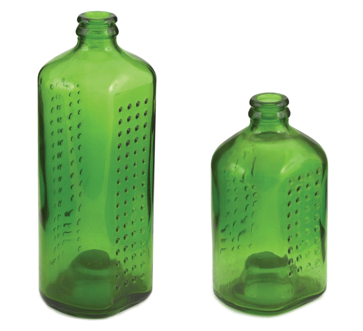A photograph of a large and a small green glass WOBO (World Bottles), designed by John Habraken for Heineken.
