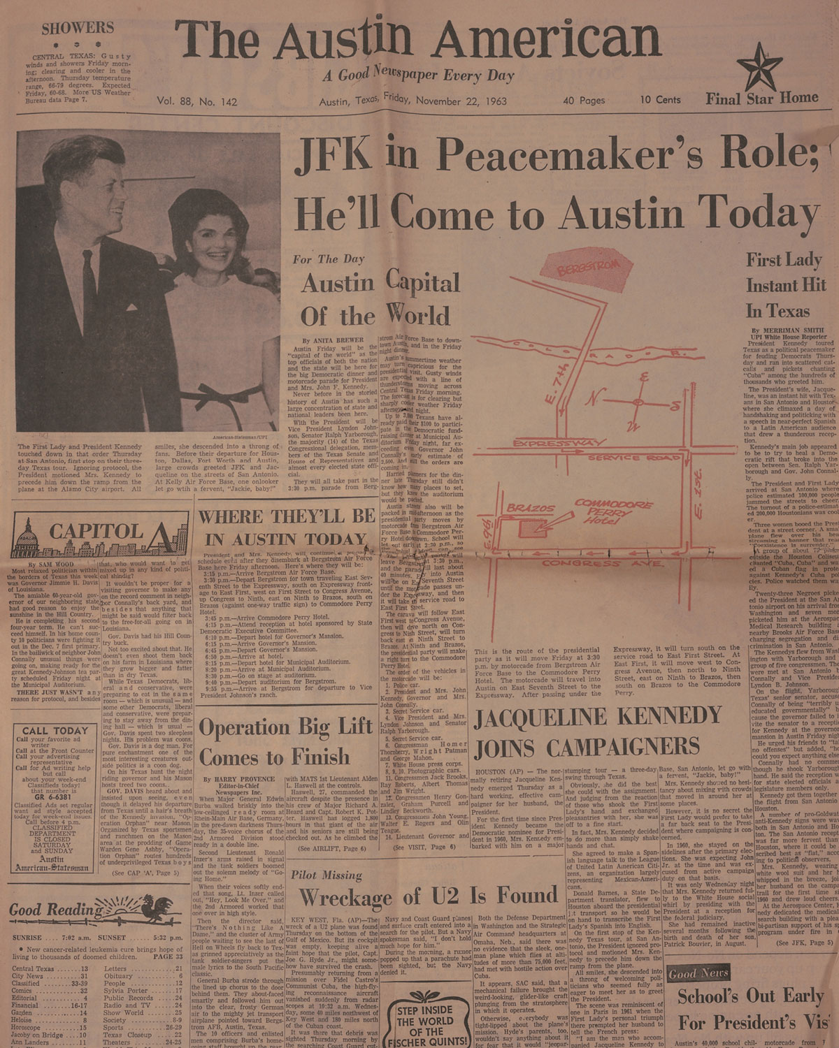 Page from 22 November 1963 of the Austin American newspaper, mapping out how the Kennedys' visit would go.