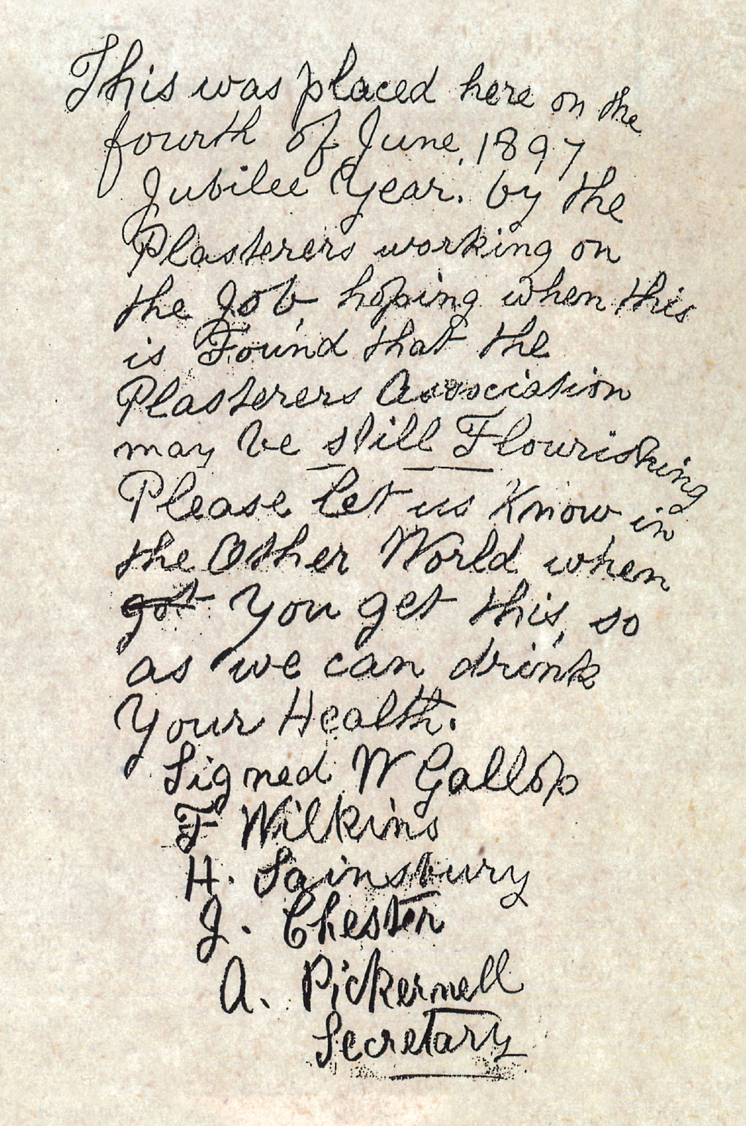 Front image of a postcard with a handwritten message to the future from 1897, found behind a wall during renovation work at Tate Gallery, London, 1985.
