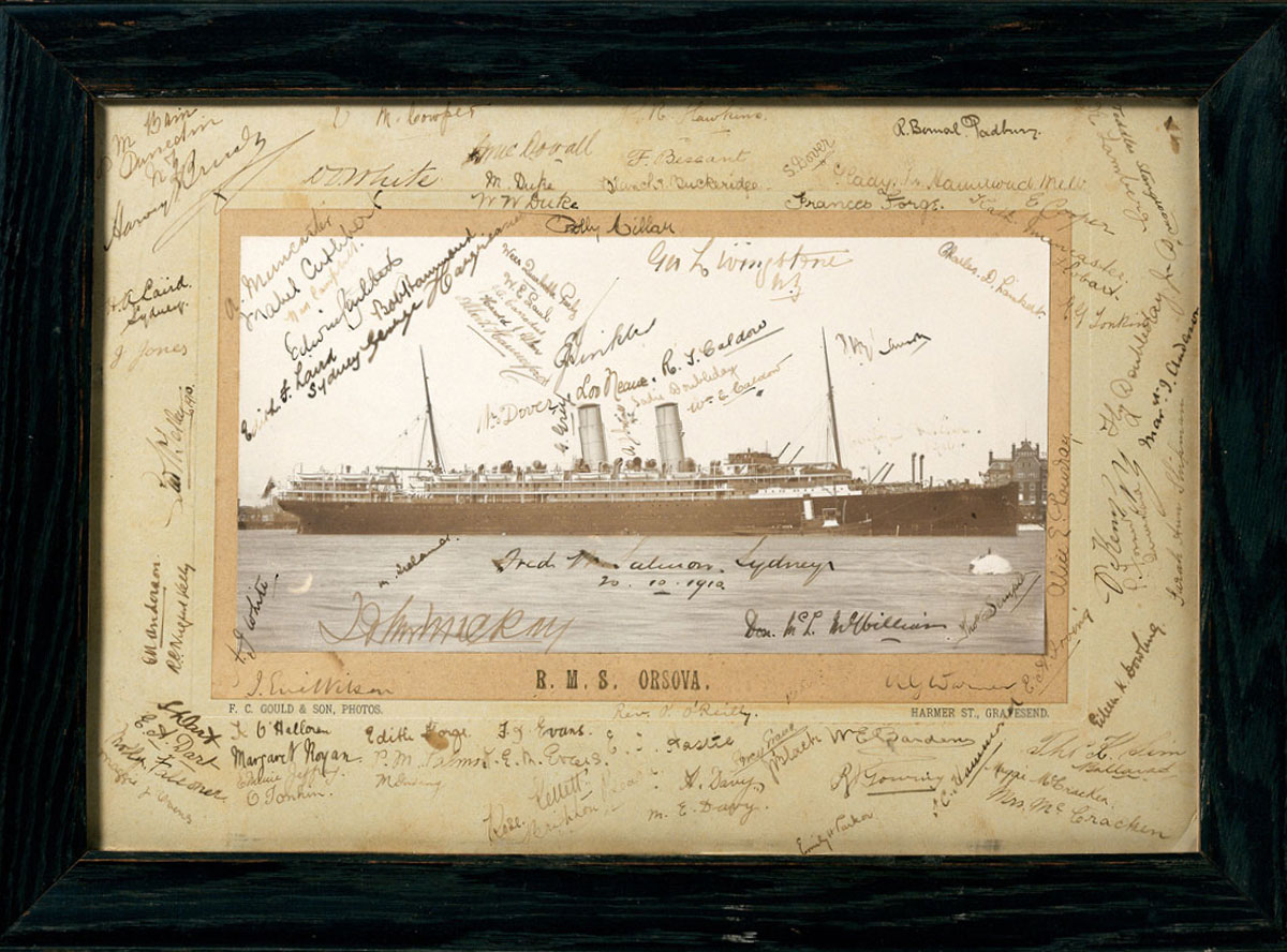 1910 photograph by F.C. Gould & Son of the R.M.S. Orsova covered with ink signatures in wood frame with glass, from Gravesend, United Kingdom.
