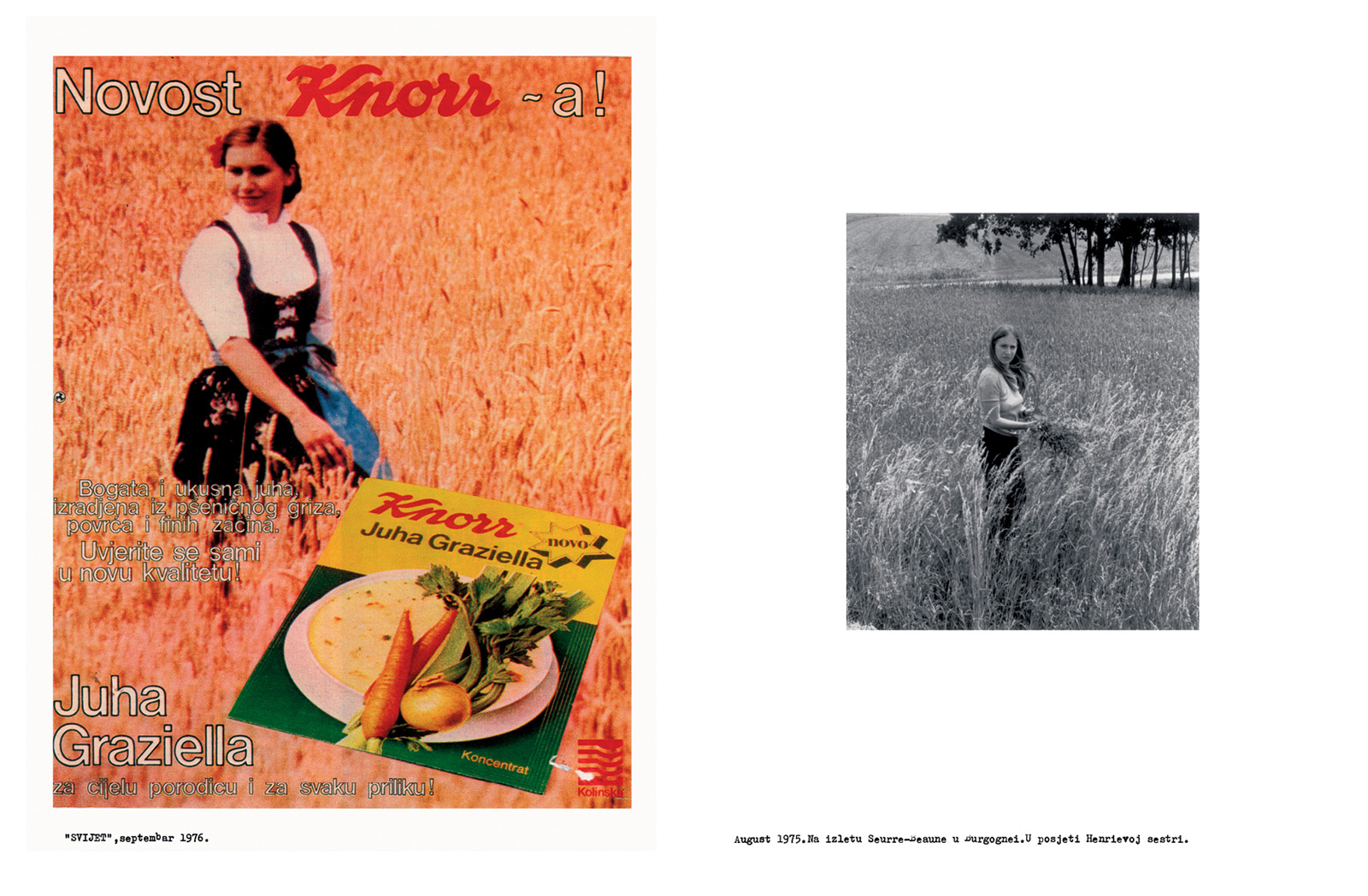 Front image of a postcard featuring a photograph set of the artist Sanja Ivekovic in a wheat field next to a magazine advertisement in a field, from her 1975 series “Double Life.”