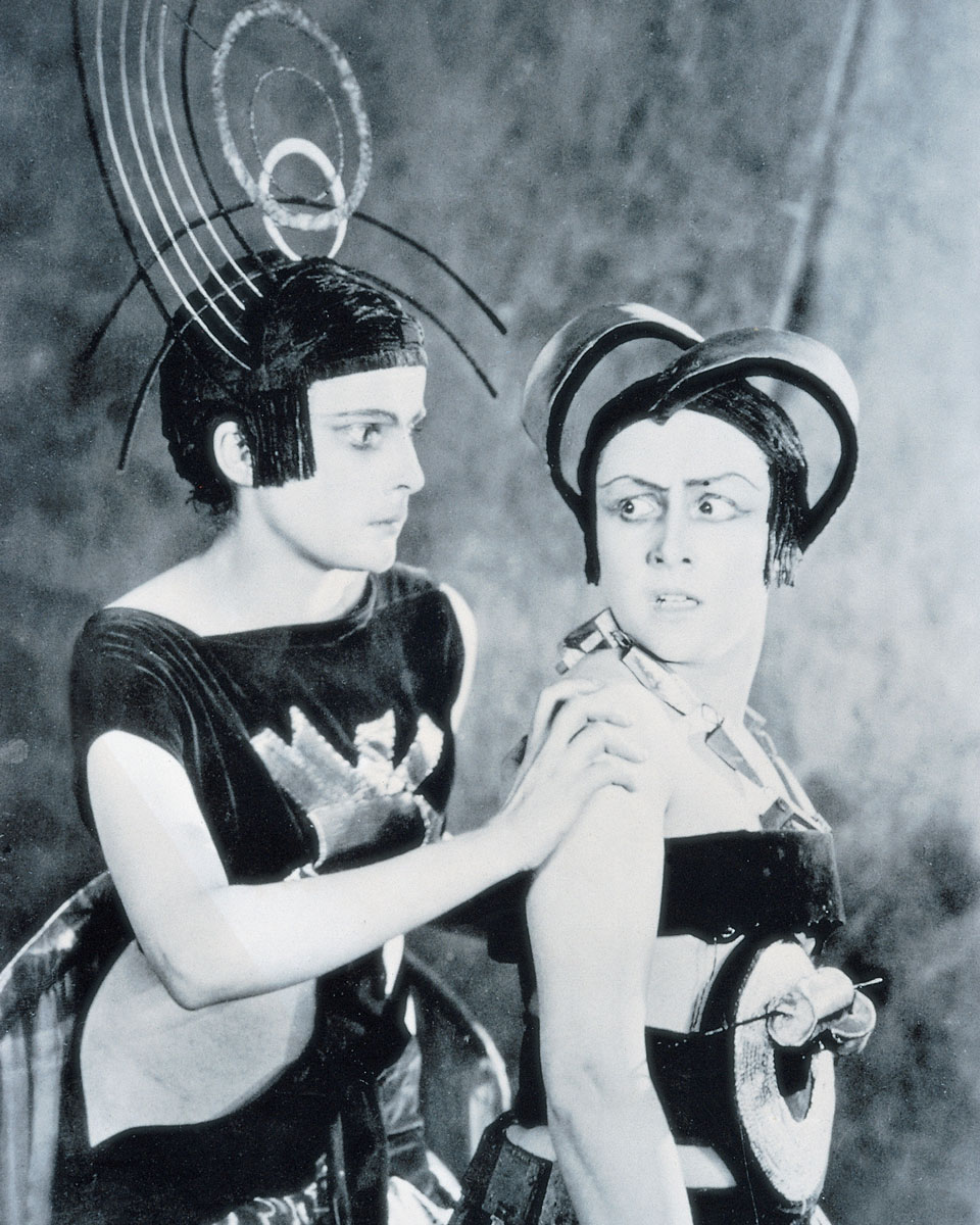 Film still from the 1924 film Aelita, depicting two women in costumes designed by avant-garde artist Aleksandra Exter.