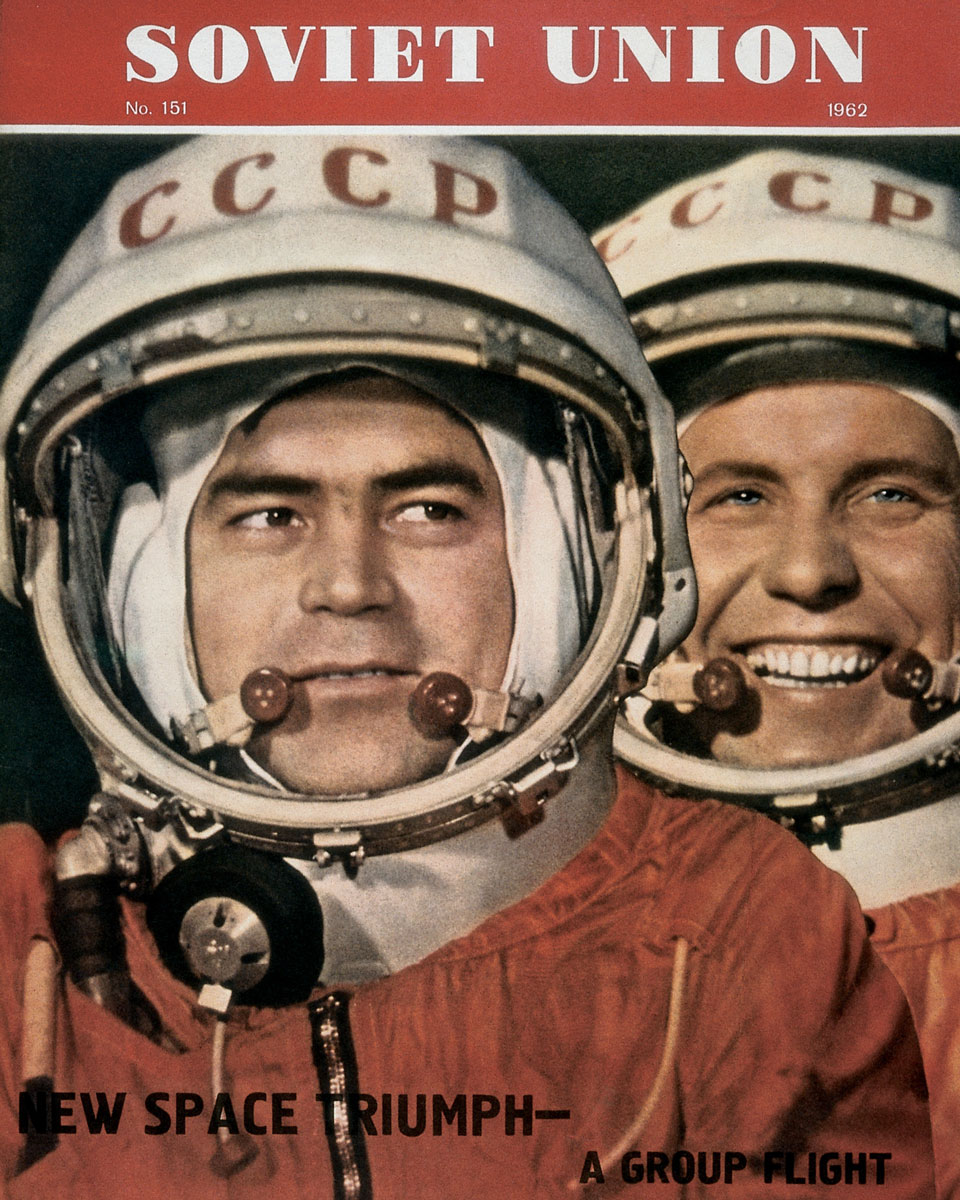 Russian cosmonauts Andrian Nikolayev and Pavel Popovich on the 1962 cover of Soviet Union, a state-sponsored magazine.