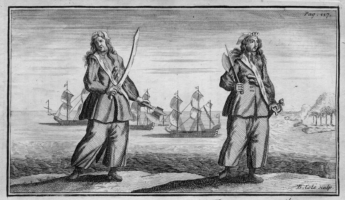 An illustration of the cross-dressing female pirates Anne Bonny and Mary Read. 
