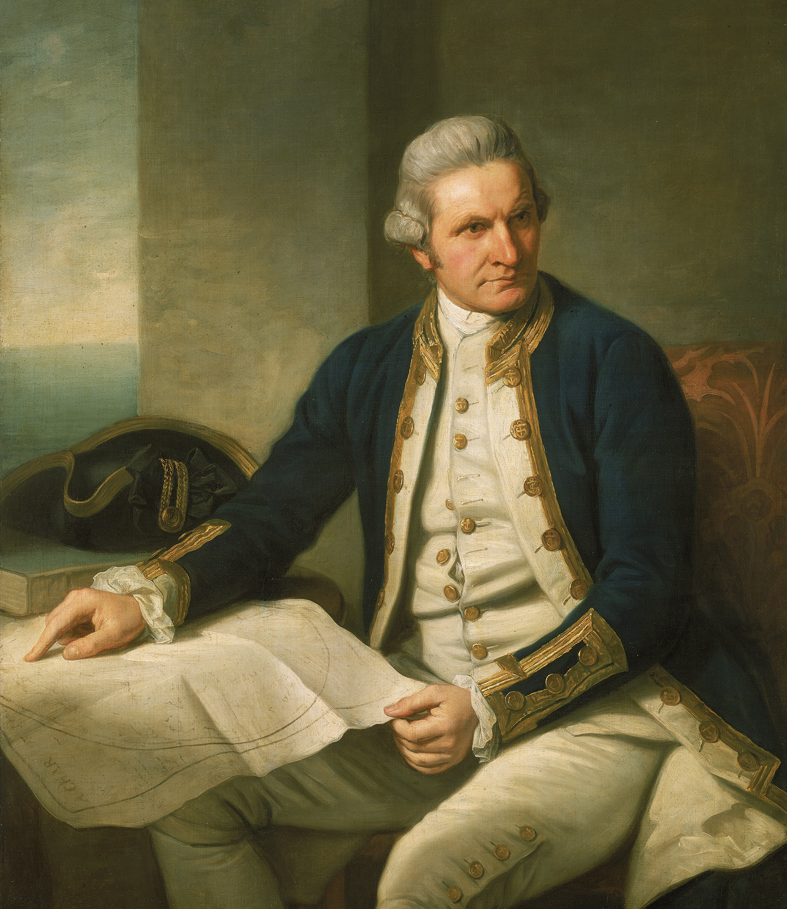 In the second painting by society portraitist Nathaniel Dance, Cook’s dominion is indicated with his capable index figure hovering over a map of territory that he has explored and chartered himself, celebrating his own capacity rather than power conferred by status and birth.