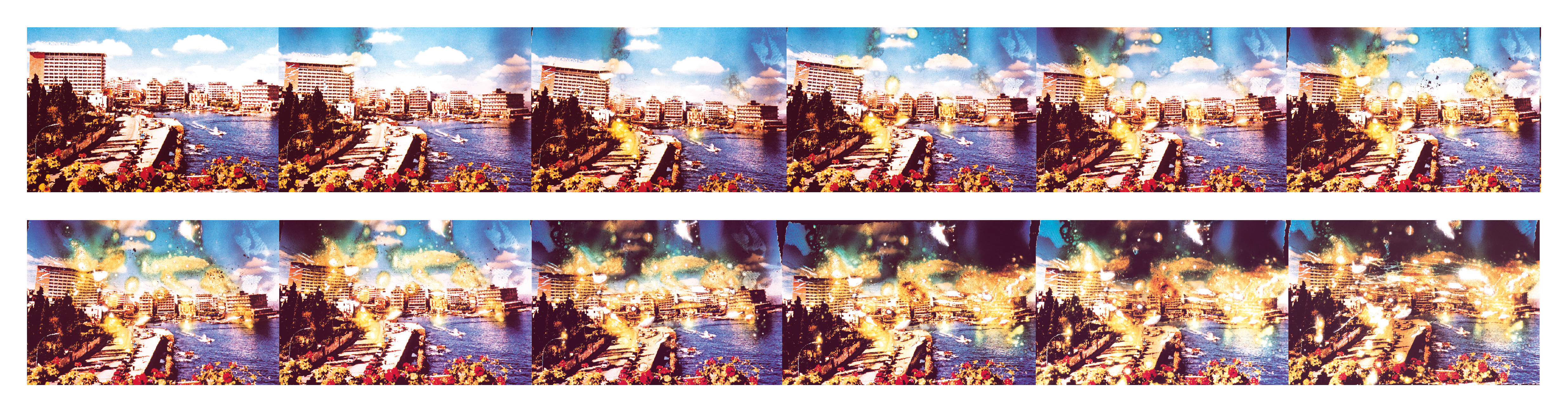 This postcard of “Beirut: The Great Hotels Quarter” was taken by Abdallah Farah in August 1969 as a slide photograph and printed in an edition of 15,000. The slide was burned by Farah following the battle that took place between 16 March and 30 March 1976 when the hotels were again occupied by armed elements. The Holiday Inn and the Hilton and the Normandy hotels, which had been controlled by the Christian Kataebs, were taken over by the leftist fighters. The battlescene then shifted to the city center.