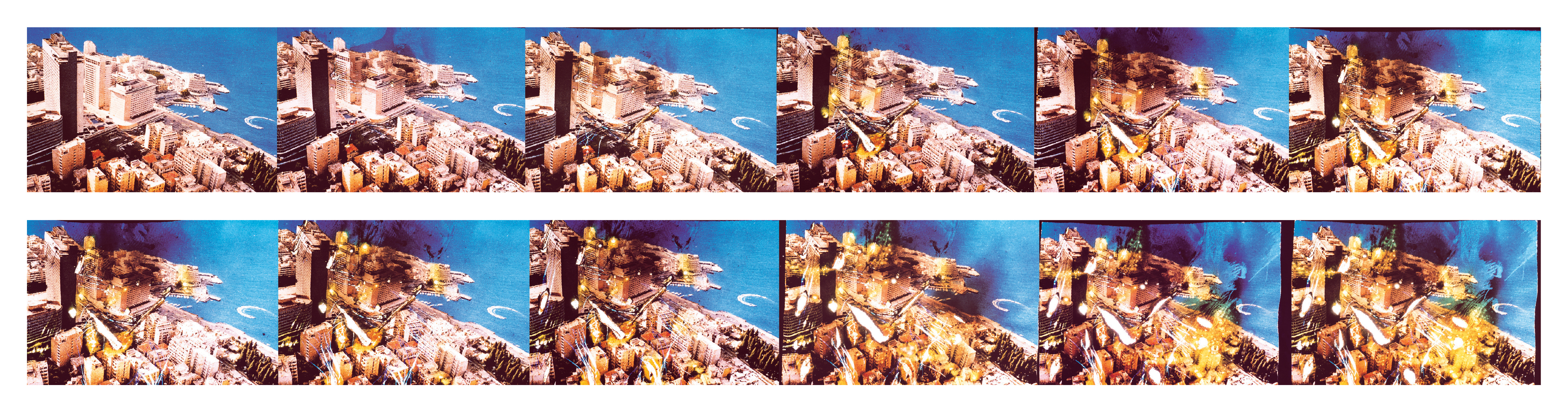 This postcard of “The Great Hotels of the Lebanese Riviera: The Saint Georges,” was taken by Abdallah Farah in June 1969 as a slide photograph and printed
in an edition of 15,000. Five thousand copies of the card were reprinted in November 1974. The slide was burned by Farah in step with the destruction of the hotels after December 1975 when a new phase of the battle began with the Christian Kataebs in the Holiday Inn and the Phoenicia fighting the pan-Arab leftist coalition who took over the Saint Georges Hotel (facing the Holiday Inn) while still also at the Murr Tower. On the first day of this battle, more than
60 people were killed in Beirut. The slide was burnt again on Wednesday, 21 January 1976, after a battle involving tanks, armored cars, and heavy artillery in sector IV.