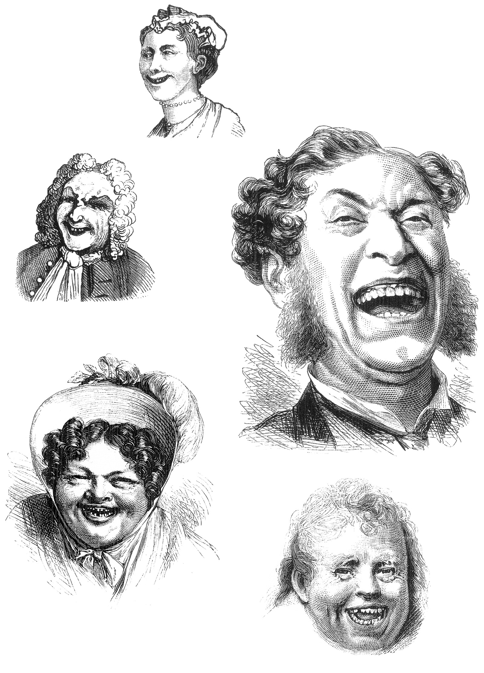 Illustrations of five laughing faces from George Vesey’s 1877 work “The Philosophy of Laughter and Smiling.” They depict “The Giggling Laugh, excited by Boisterous Fun and Nonsense,” “The Obstreperous Laugh, instigated by Practical Jokes or Extreme Absurdities,” “The Hearty Laugh of the Gentler Sex,” “The Stentorian Laugh of the Stronger Sex,” and “The Superlative Laugh, or Highest Degree of Laughter.” 