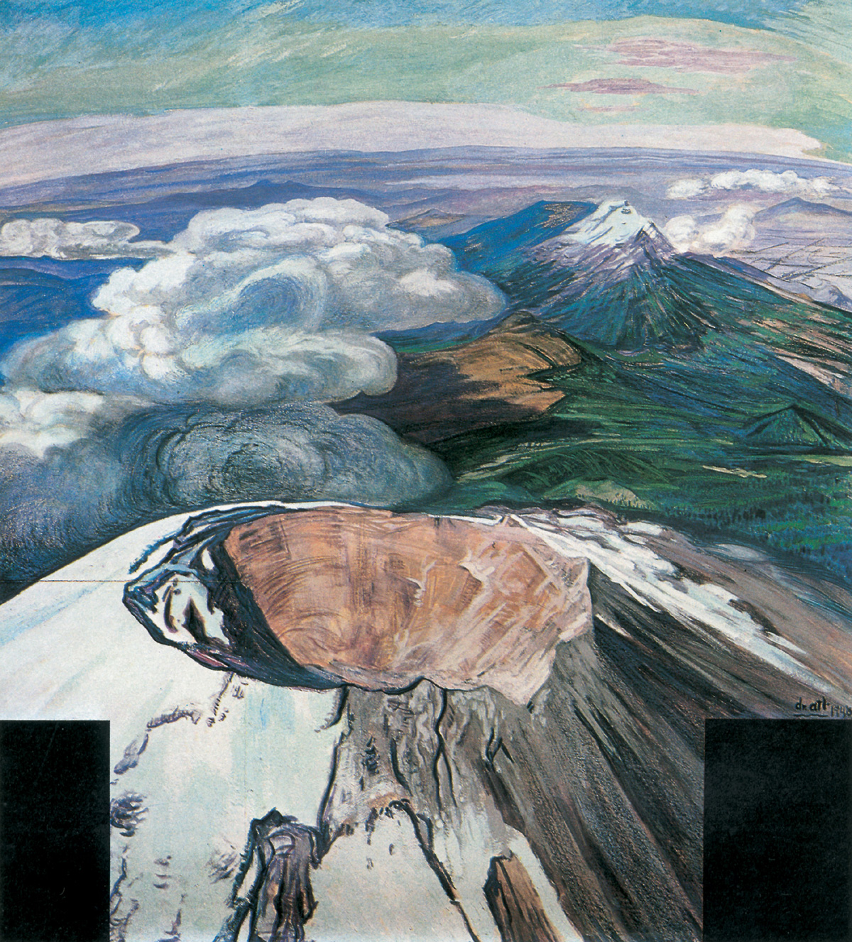 Artist Dr. Atl's 1948 oil and pastel drawing of a volcano crater, titled 