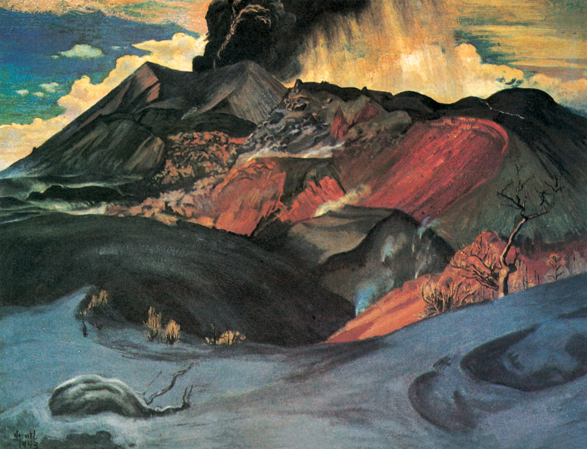 Artist Dr. Atl's 1943 oil and pastel drawing of an erupting volcano, titled 