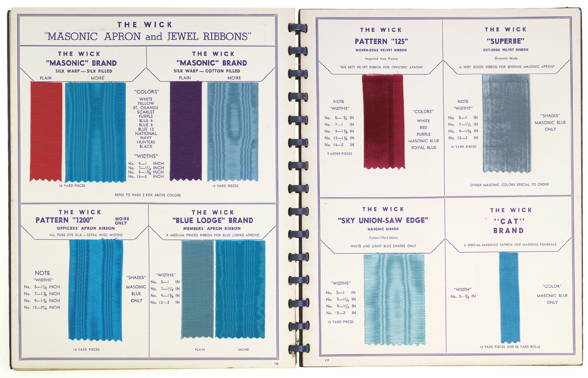 A photograph of a spread from a 1940s Wick ribbon catalogue.