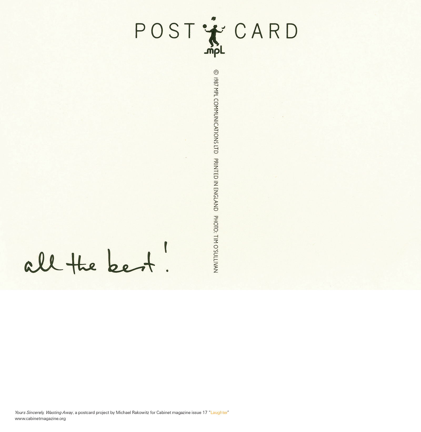 The back of Michael Rakowitz’s original postcard from Paul McCartney on which the singer has written “All the best!”