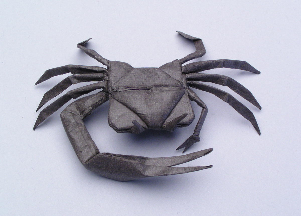 A photograph of Robert Lang's origami crab, titled 