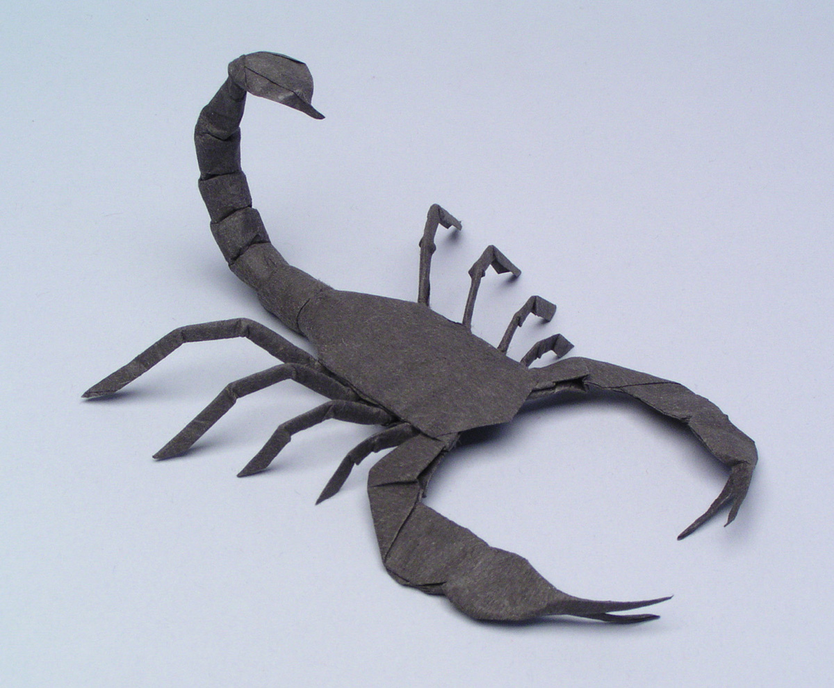 A photograph of Robert Lang's origami scorpion, titled 