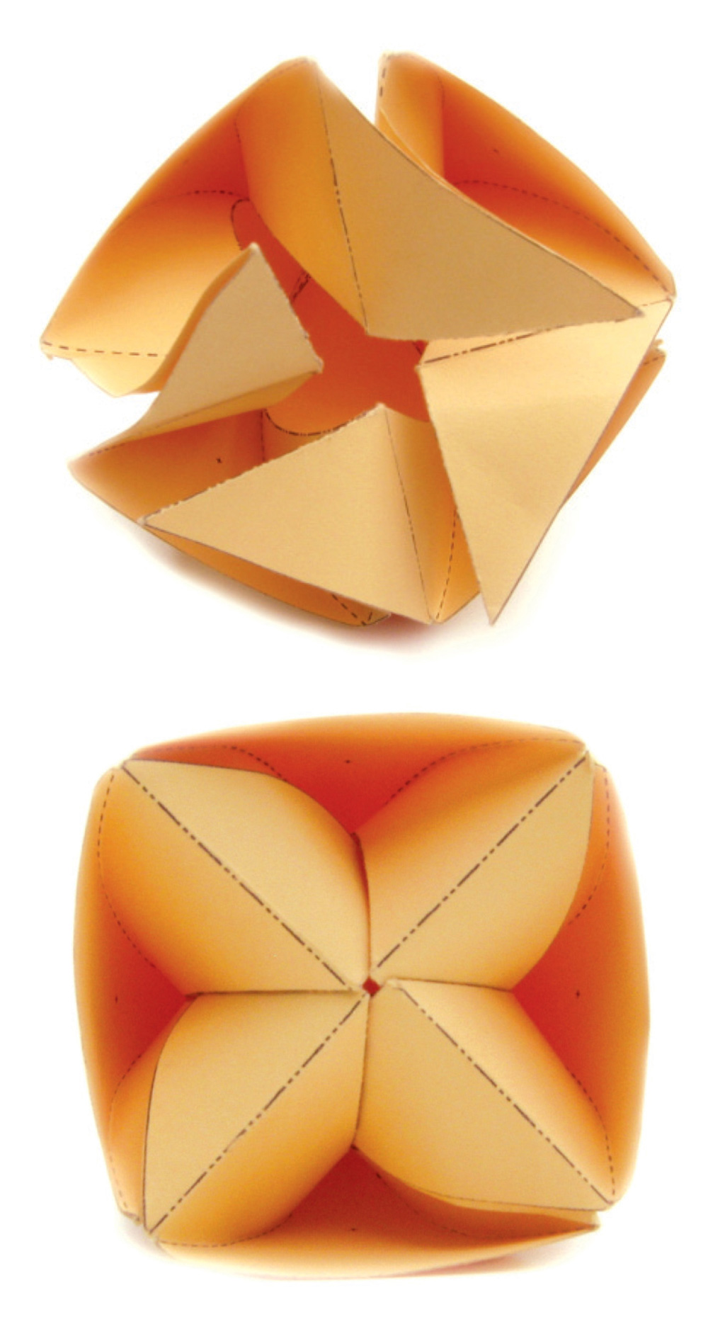 A photograph showing two steps of the folding process to make an origami bud.