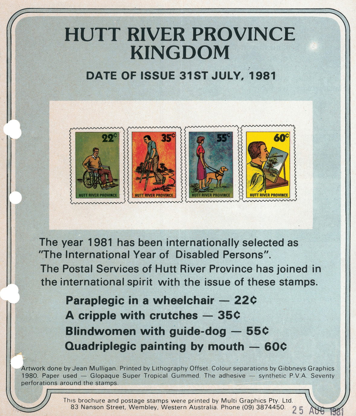 A page from a brochure displaying the price of commemorative postage stamps made by the Hutt River Province Principality. 