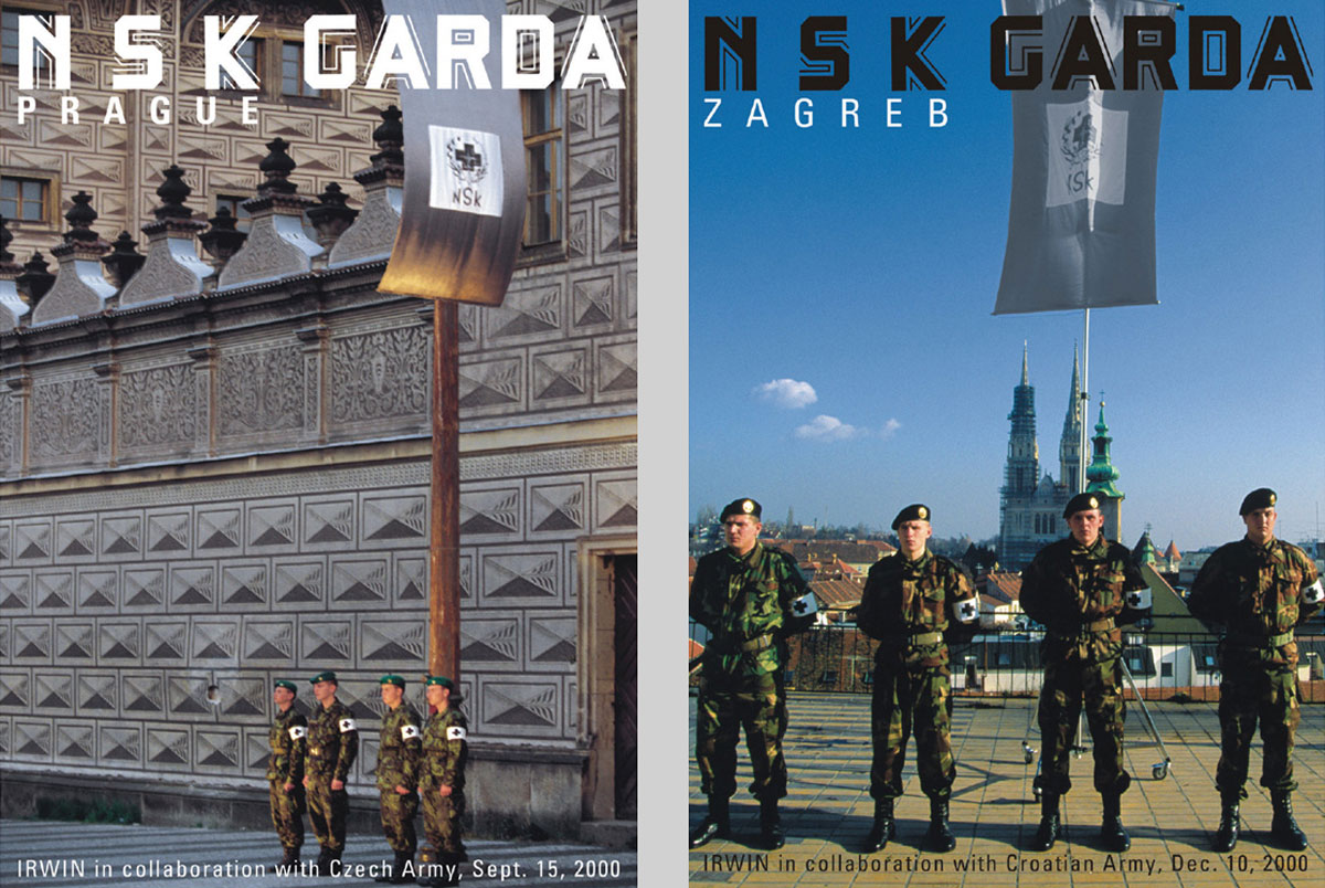 Left: NSK Garda Prague, performance in cooperation with the Czech Army, 2000. Photo Igor Andjelic. Right: NSK Garda Zagreb, performance in cooperation with the Croatian Army, 2000. Photo Igor Andjelic.