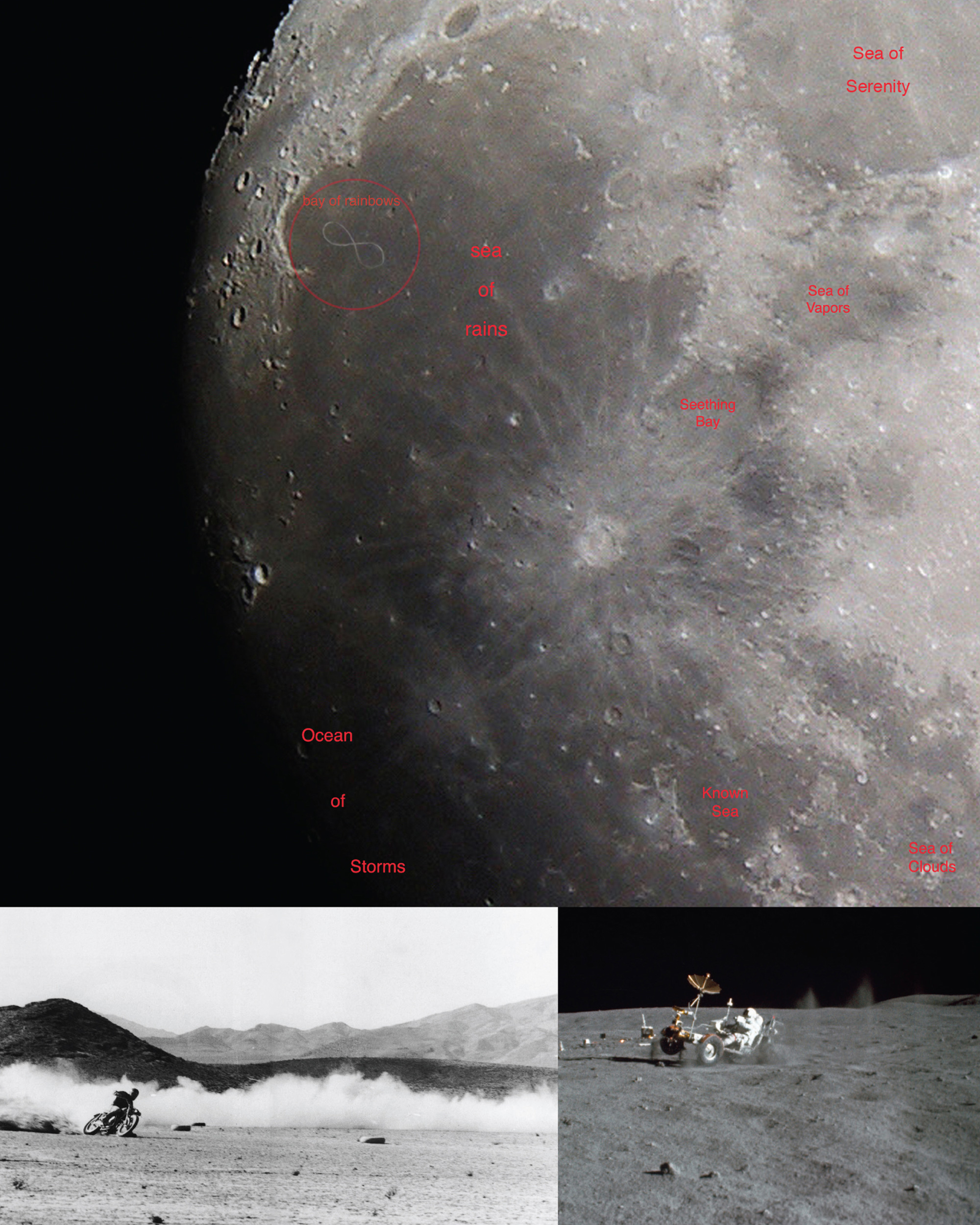 Three images showing the surface of the moon, a motorcycle riding in the dust, and a vehicle driven by an astronaut on the moon.