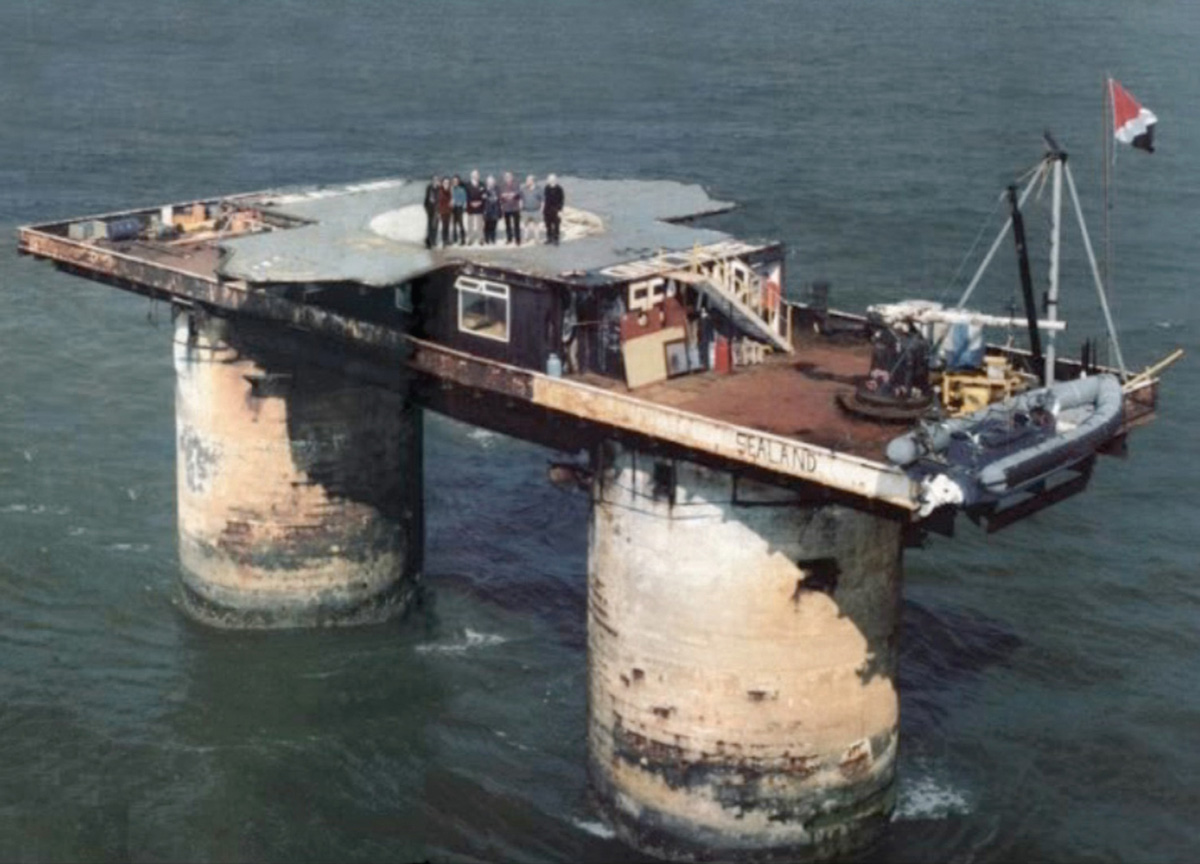 A photograph of “Sealand,” a sovereign micronation founded on a North Sea anti-aircraft platform abandoned by the British after WWII.