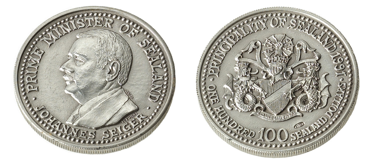 A photograph of the front and back of an unauthorized Sealand coin minted by the “exile government” of Sealand.