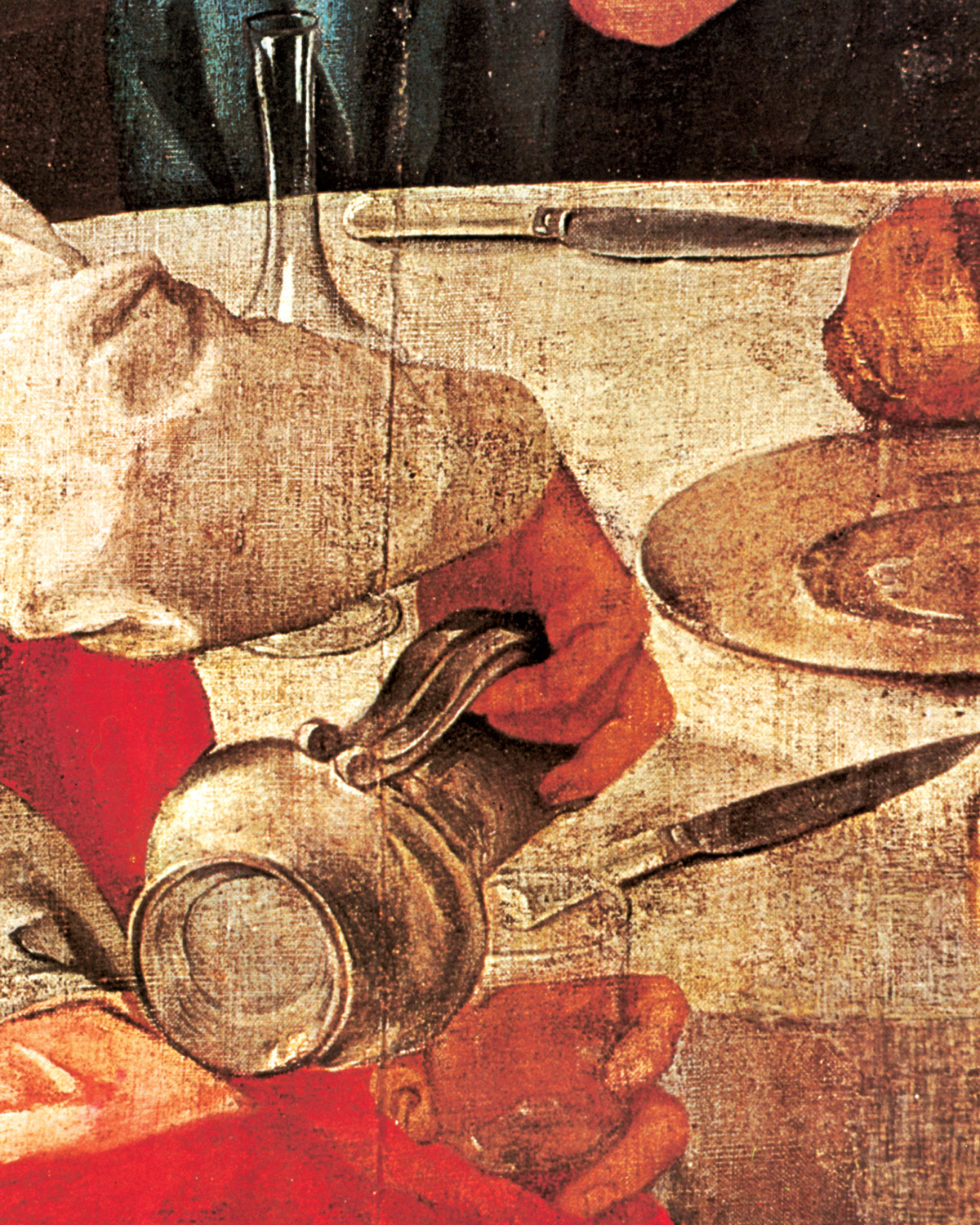 A detail of hands pouring water into a glass from Pontormo’s 1525 painting titled “Supper at Emmaus.”