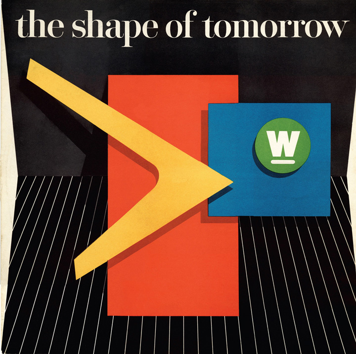 An album cover from 1958 for a Westinghouse industrial musical titled “The Shape of Tomorrow.”