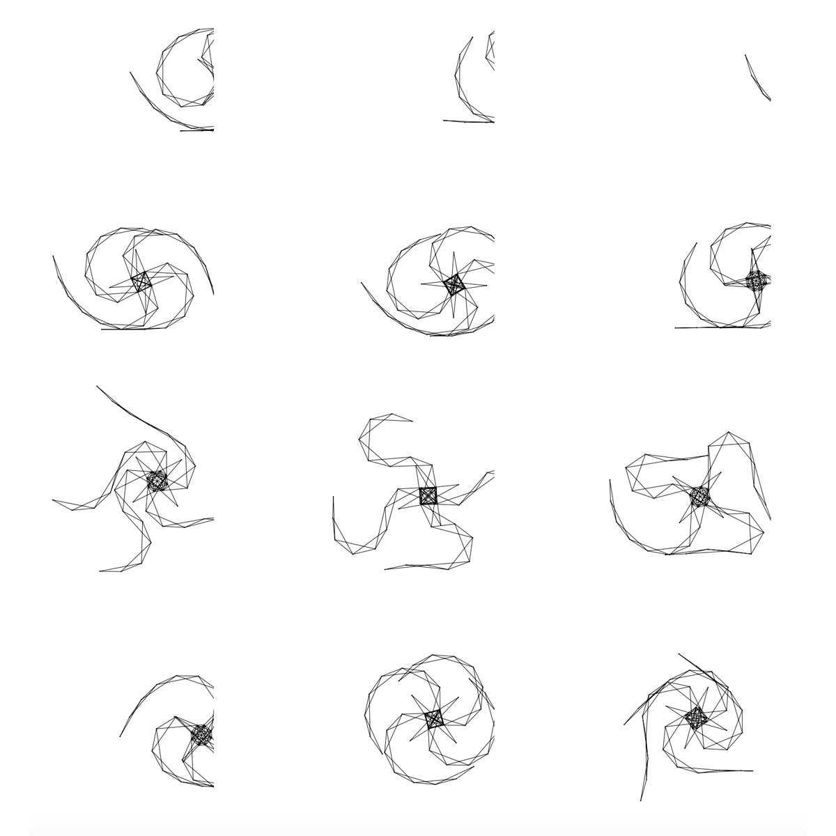 A series of digital illustrations by Sodaconstructor user Kevin Okada showing his progression of creating a model. He titled this form “Inspyre.” Calling to mind an octopus, Inspyre’s graceful movements are driven by a counter-rotating “motor” located at the center of the model. 