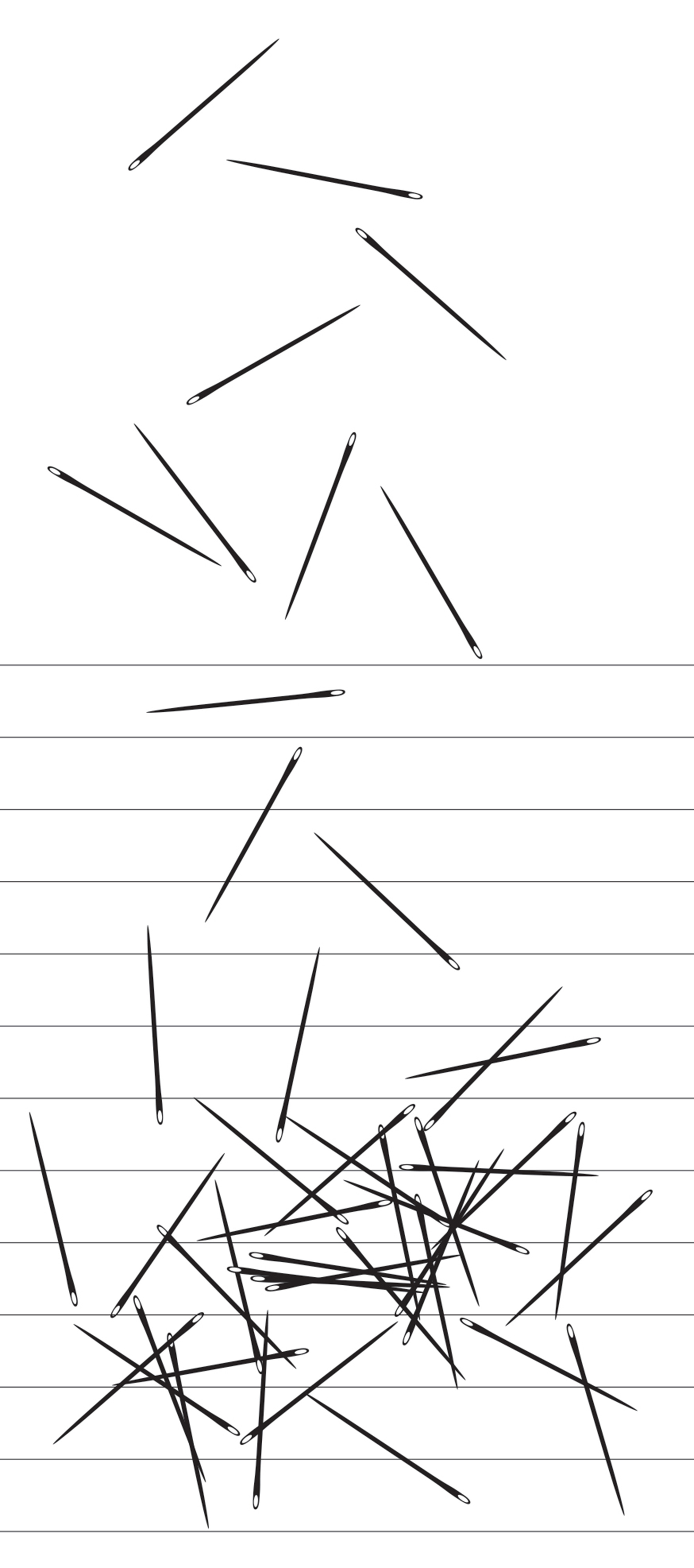 A digital illustration of needles strewn randomly on a ruled piece of paper. Some needles lie entirely between lines, some intersect one line, and some intersect two lines.