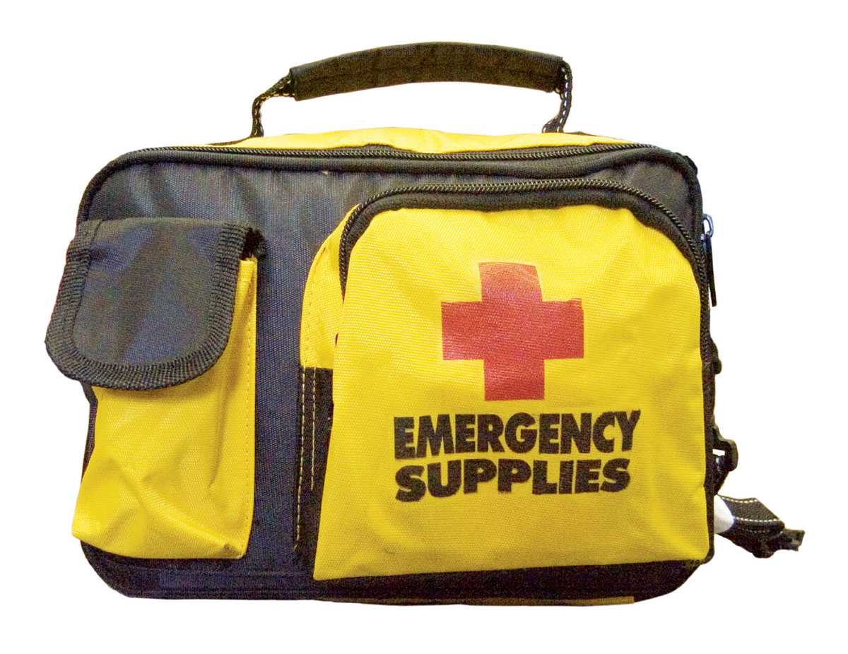A Modern-day “Go Bag”, with the words “Emergency Supplies” printed in large letters on the pocket.