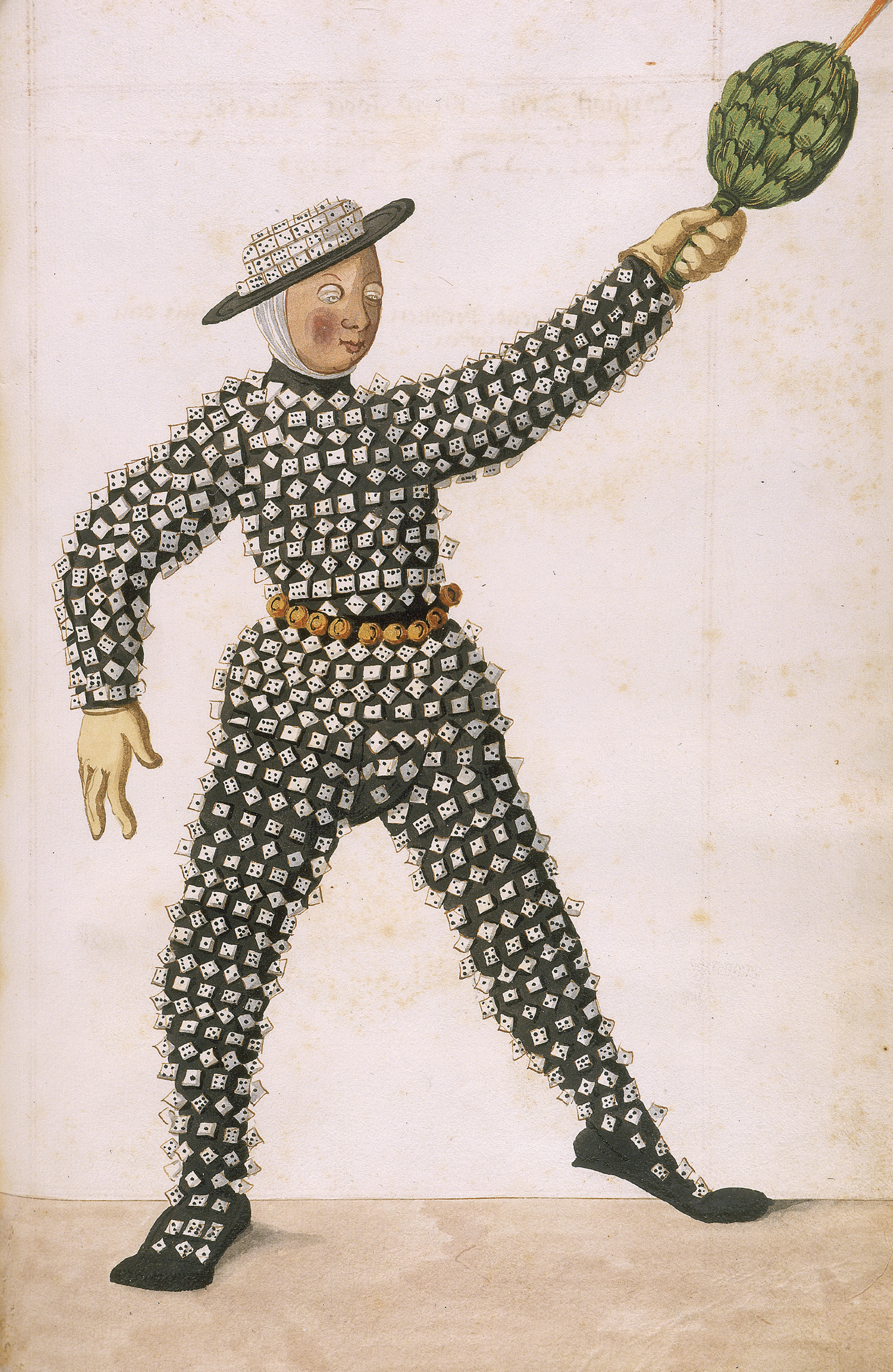 A circa 1600 illustration titled “Dice Man” depicting a man wearing clothing and a hat entirely covered with dice, from “Schoenbartbuch,” an illustrated manuscript from Nuremberg.