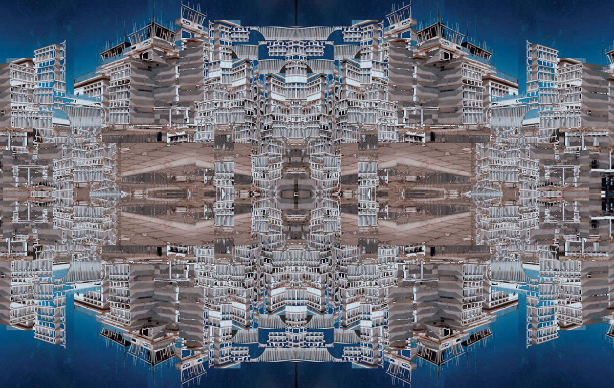 A 2004 artwork by Caitlin Masley, titled “airport2fortress,” depicting a photograph of buildings digitally rendered to create symmetrical geometric patterns.
