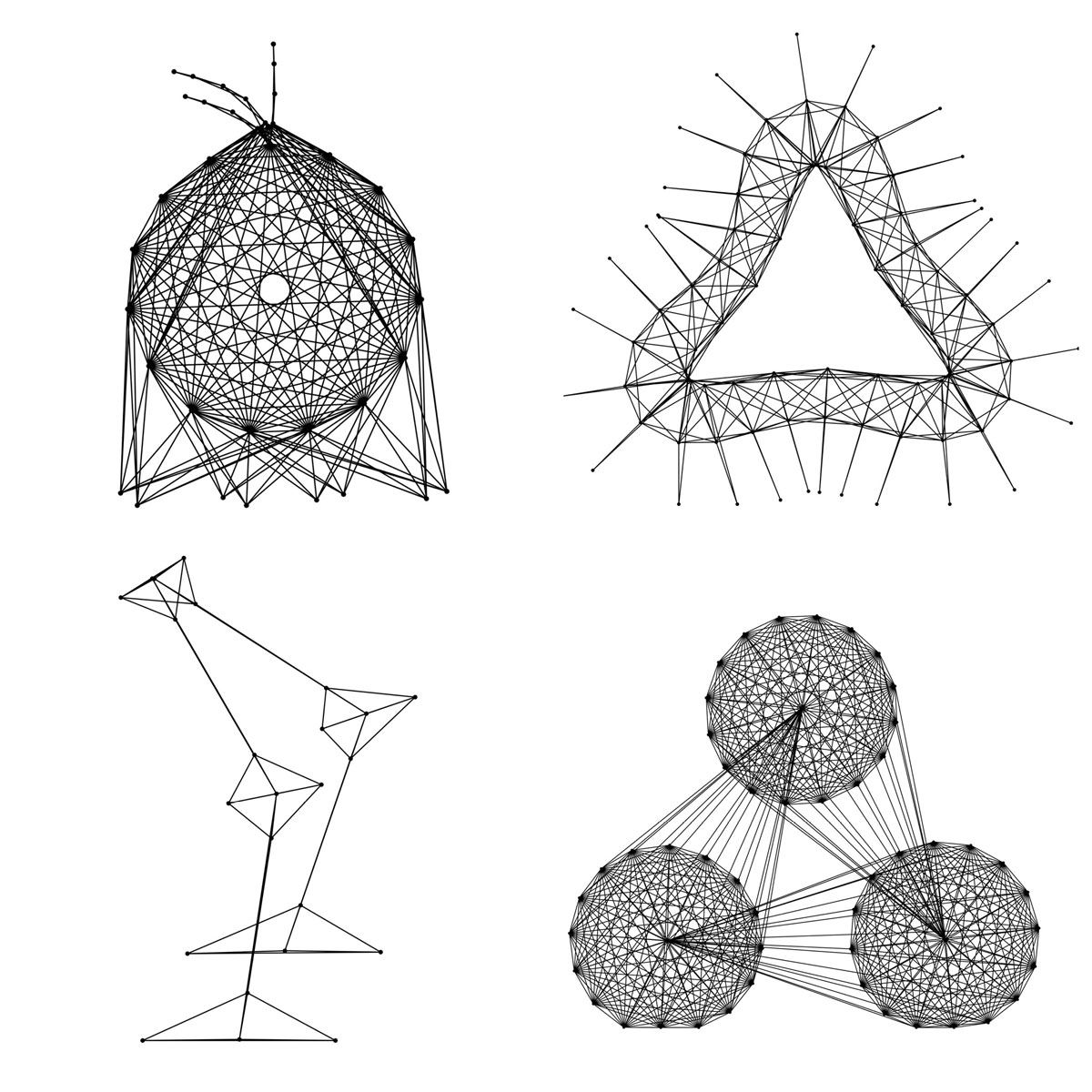 A digital illustration of four geometric models resembling living organisms, created through a program called sodaconstructor. 