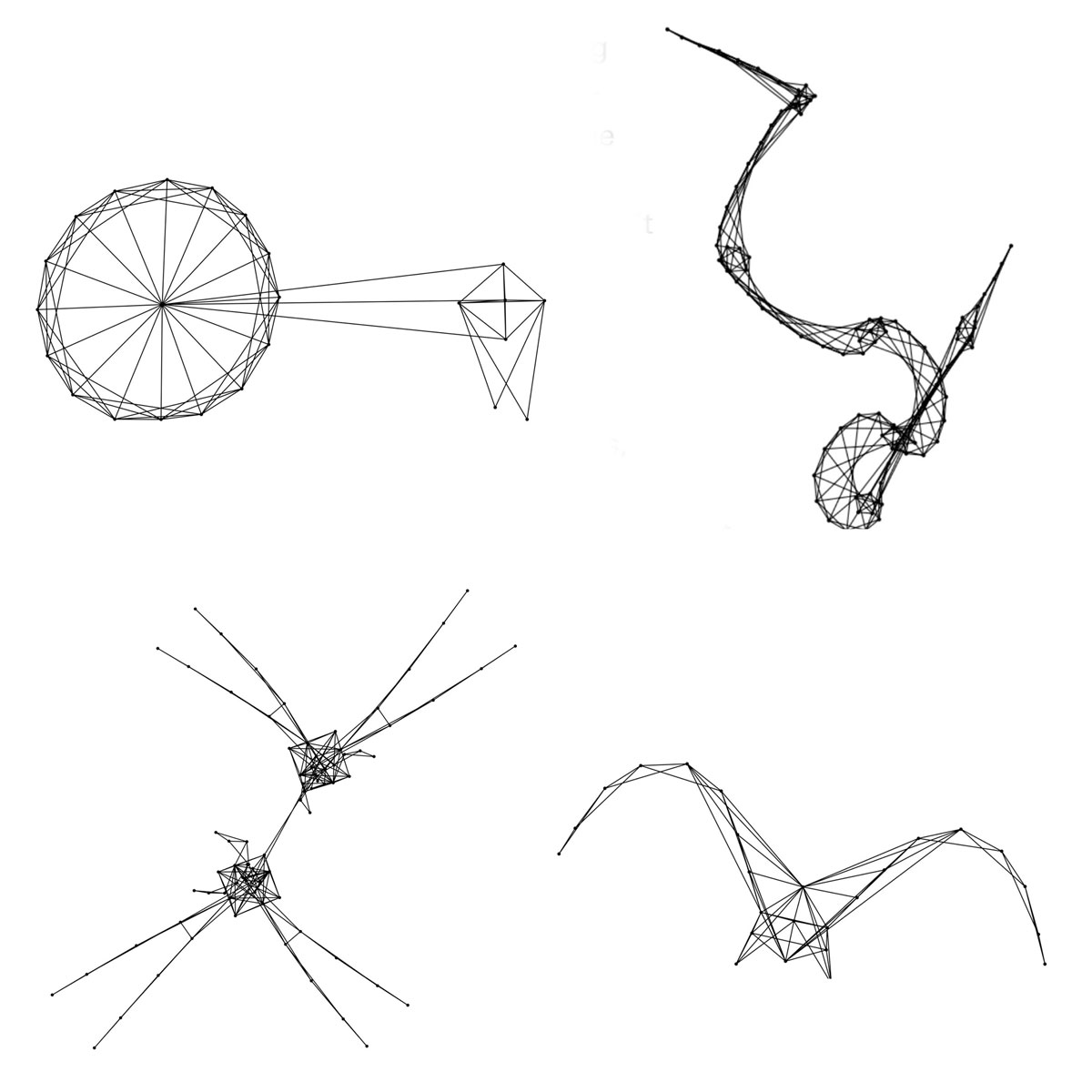 A digital illustration of four geometric models resembling living organisms, created through a program called sodaconstructor. 