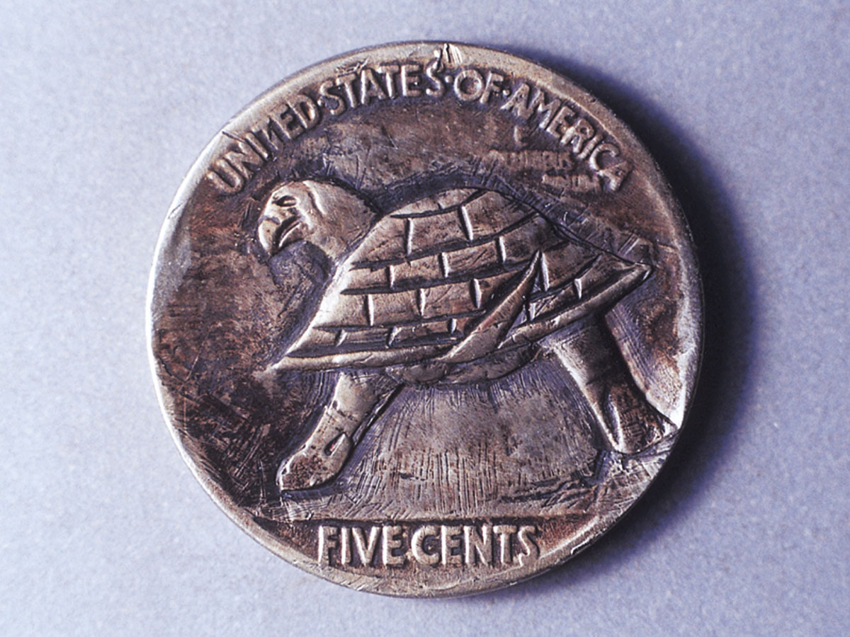 A photograph of a buffalo on a nickel carved into the shape of a turtle.