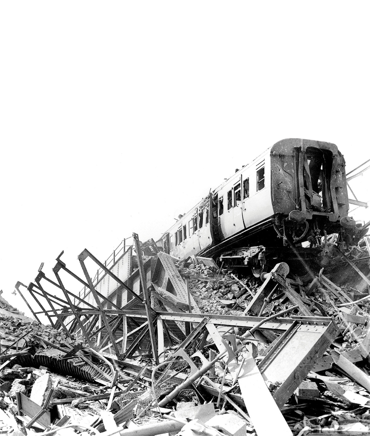 A circa 1941 photograph of the mangled London Necropolis Railway after London’s biggest night raid of the war.