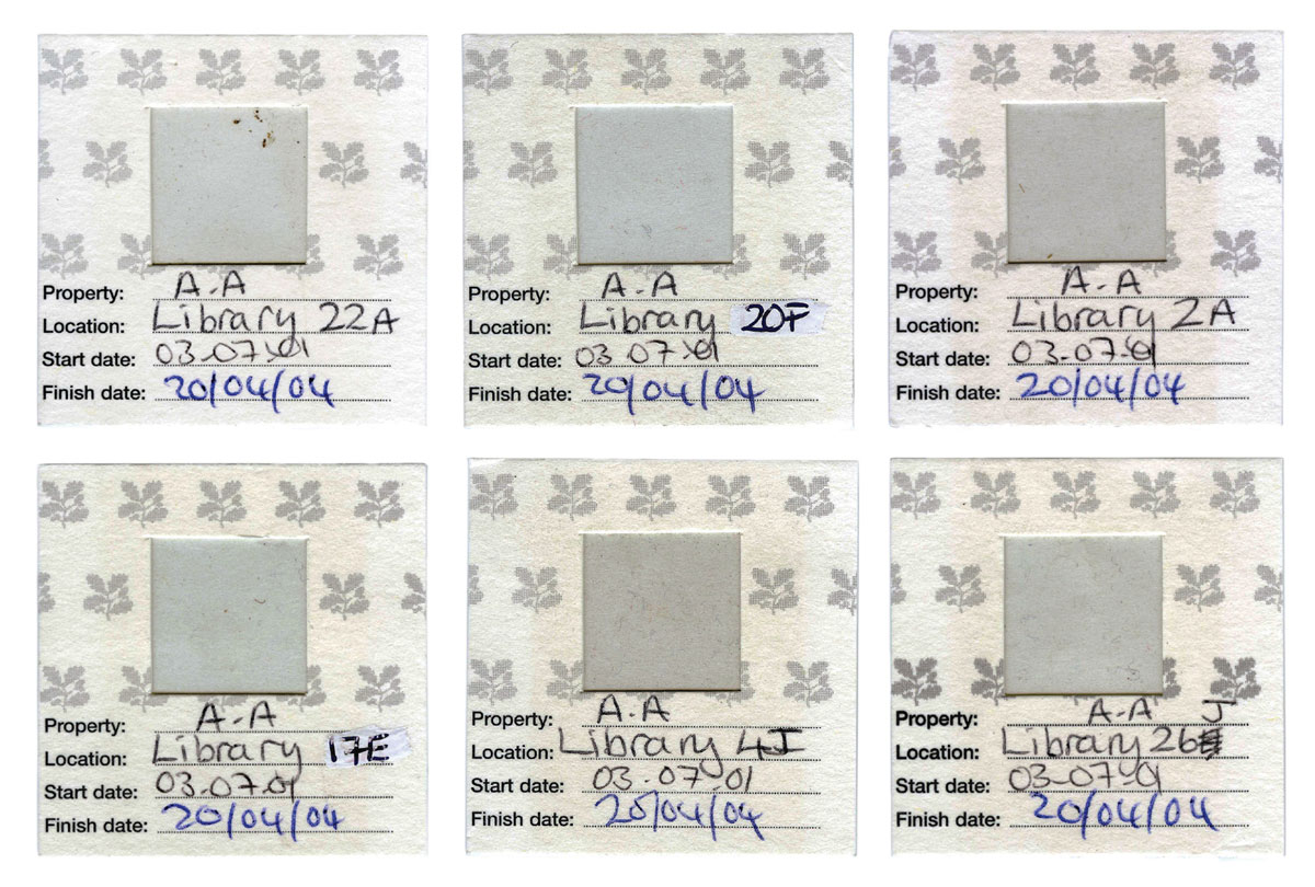 Six examples of “sticky samplers” used in National Trust libraries to allow staff to see patterns and degree of dust accumulation. These are from the library of Anglessey Abbey, Cambridgeshire, UK. The exposed area of sticky surface is 2 x 2 cm. These samples were exposed on bookshelves for just under three years. 