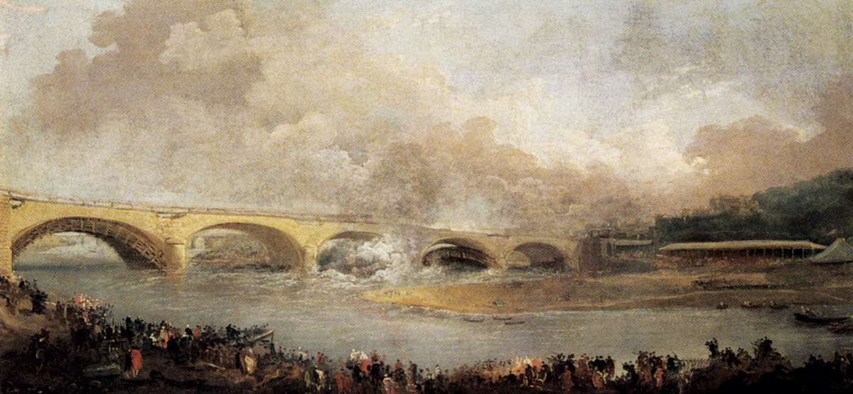 Hubert Robert’s 1772 painting titled “The Decentering of the Pont de Neuilly.” 