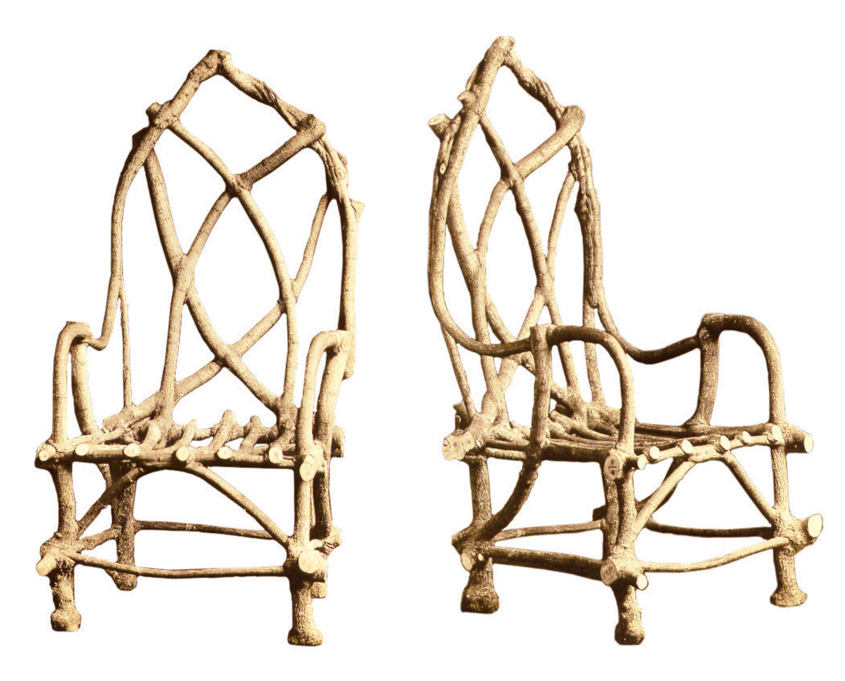 A photograph of John Krubsack's nineteen fifteen pair of knotty chairs made of box elder.