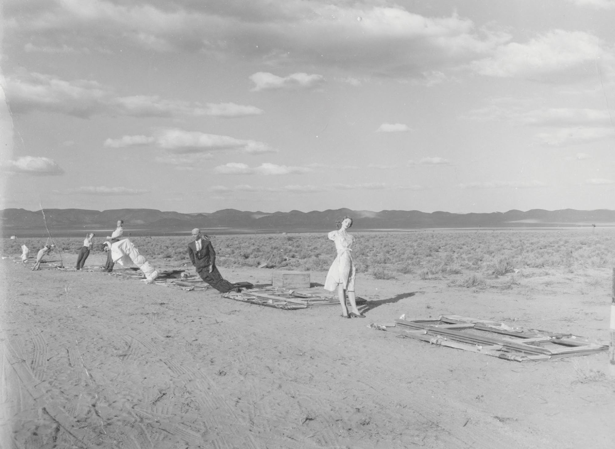 A photograph from Operation Cue depicting a group of damaged mannequins who had been installed outdoors.