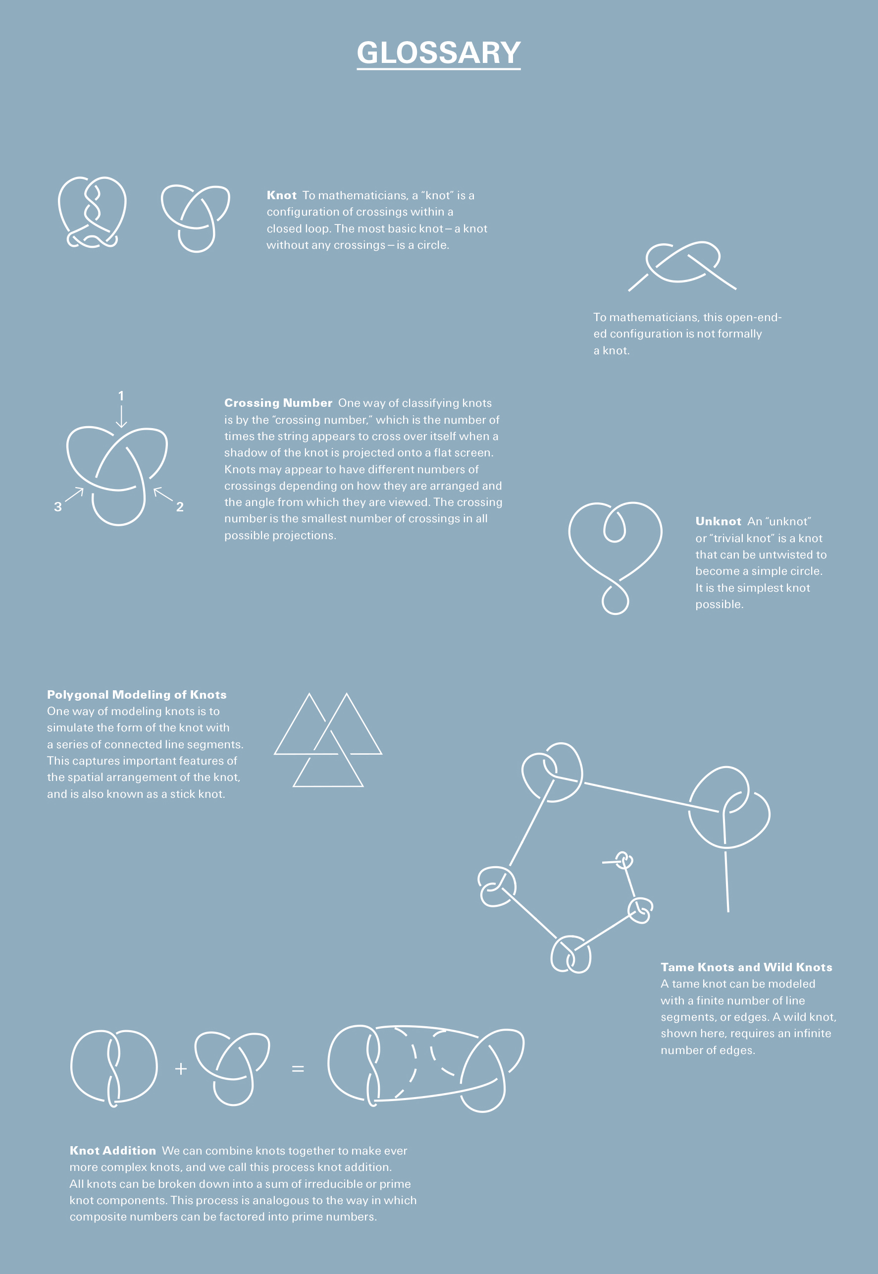 An illustrated glossary of terms in the mathematics of knots, including tame and wild knots, the crossing number, the unknot, knot addition, polygonal modeling of knots, and the very definition of knot, a configuration of crossings within a closed loop.