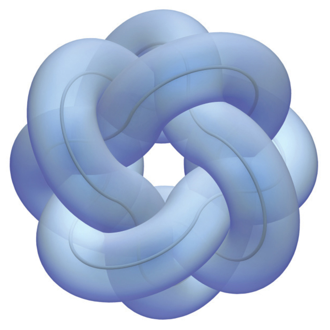 A digital rendering of a tight knot with eight crossings and with a complexity level of eighteen. The knot has been rendered by a program called RidgeRunner, which simulates the process by which knotted tubes tighten. 