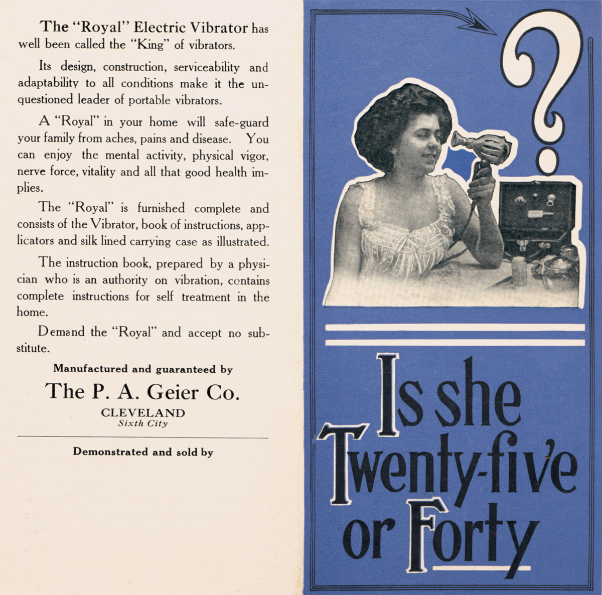 Undated advertising pamphlet for the Royal Electric Vibrator published by the P. A. Geier Company. 